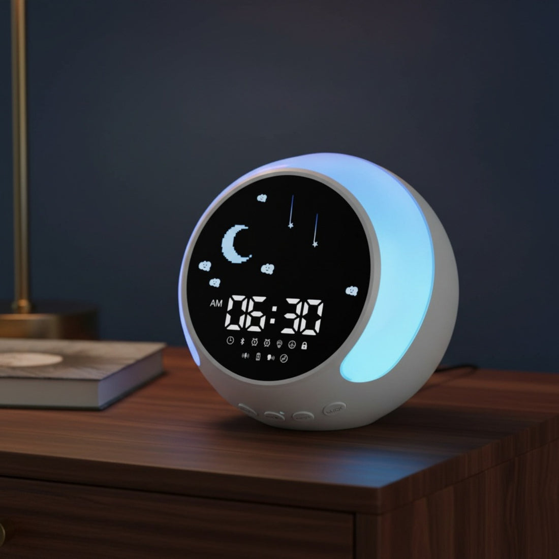Réveil enfant jour et nuit multicolore posé sur une table de nuit