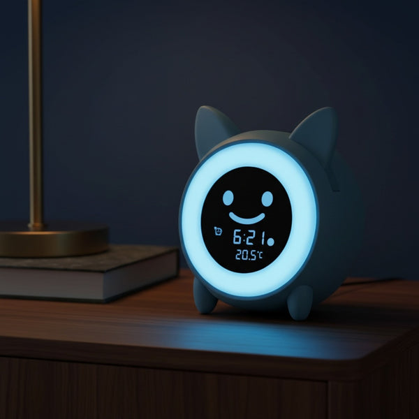 Réveil enfant jour et nuit bleu posé sur une table de nuit