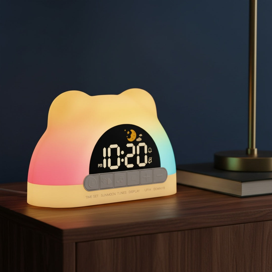 Réveil jour nuit enfant interactif posé sur une table de nuit