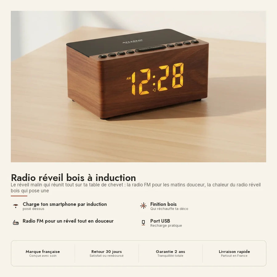 Radio réveil bois à induction
