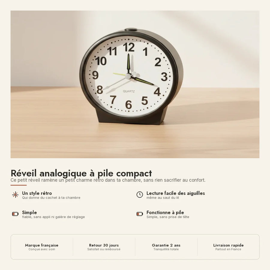 Réveil analogique à pile compact