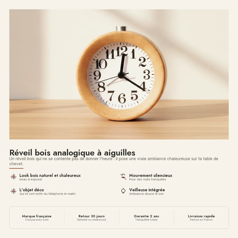 Réveil bois analogique à aiguilles
