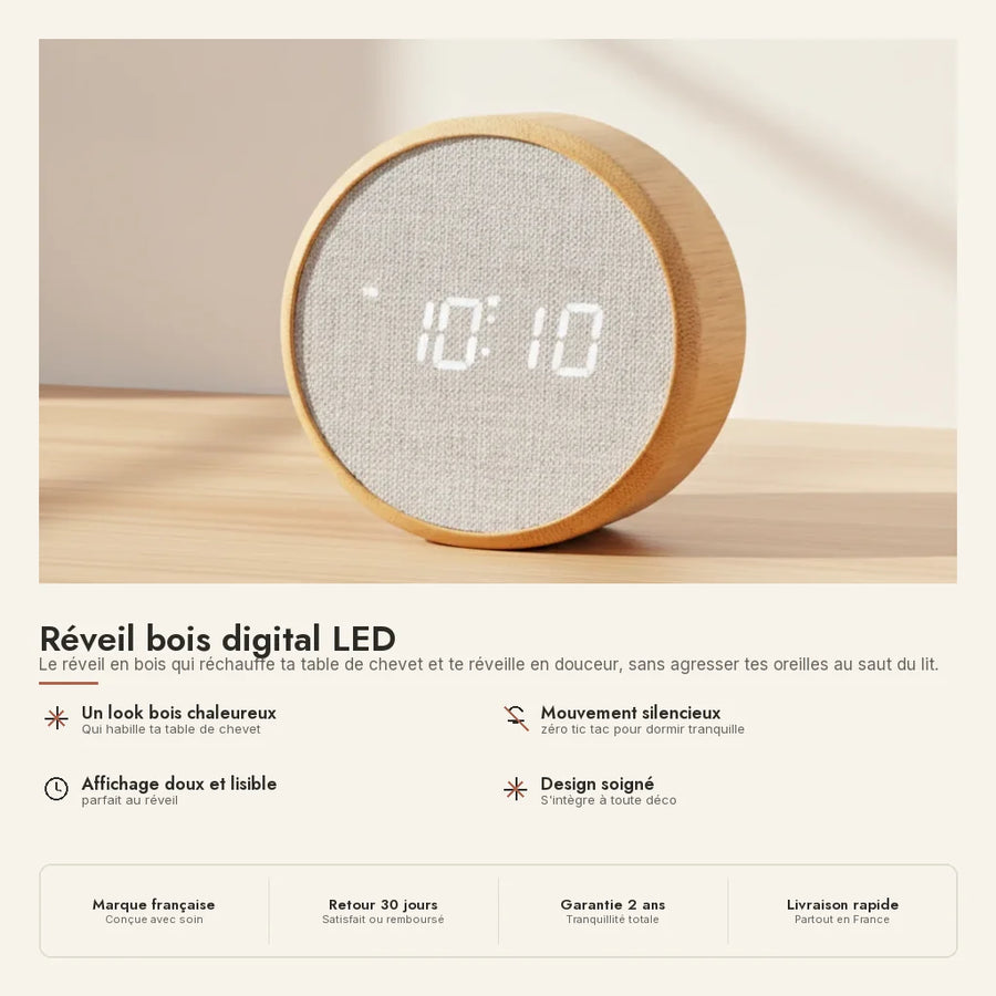 Réveil bois digital LED compact