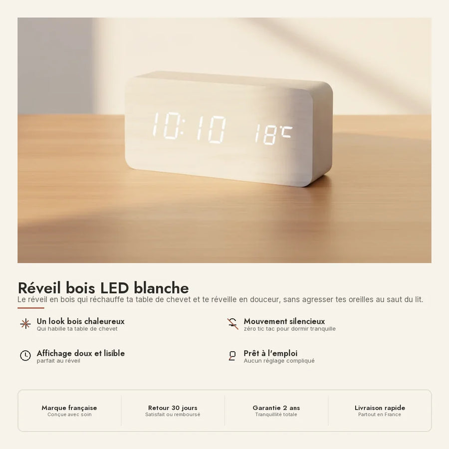 Réveil bois LED blanche