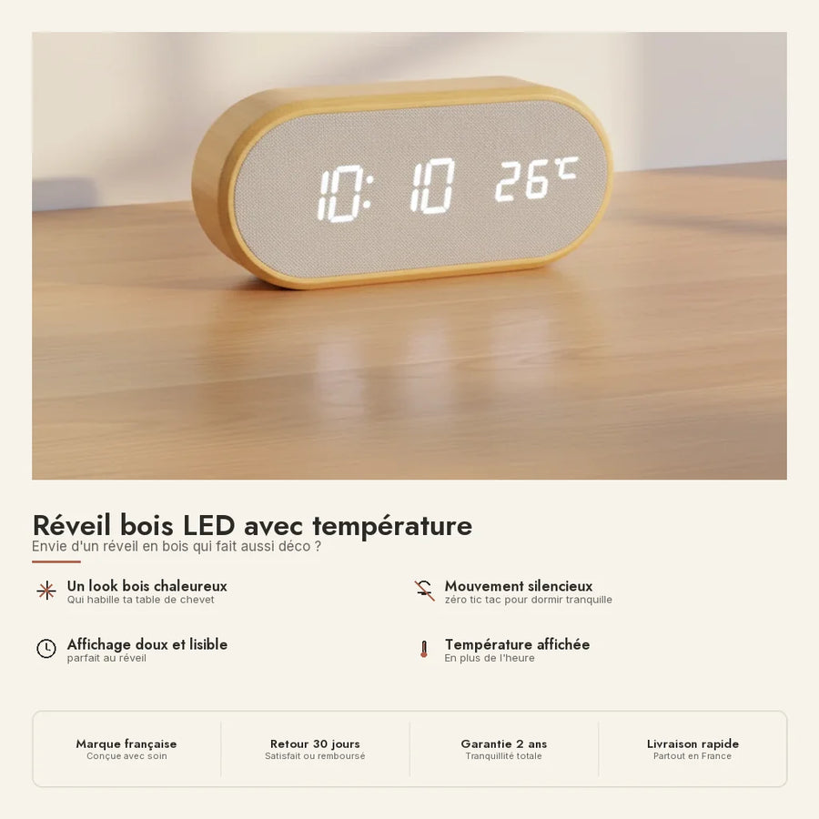 Réveil bois LED avec température