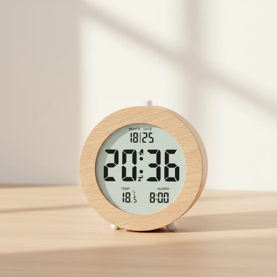 Réveil bois rond numérique, hêtre clair