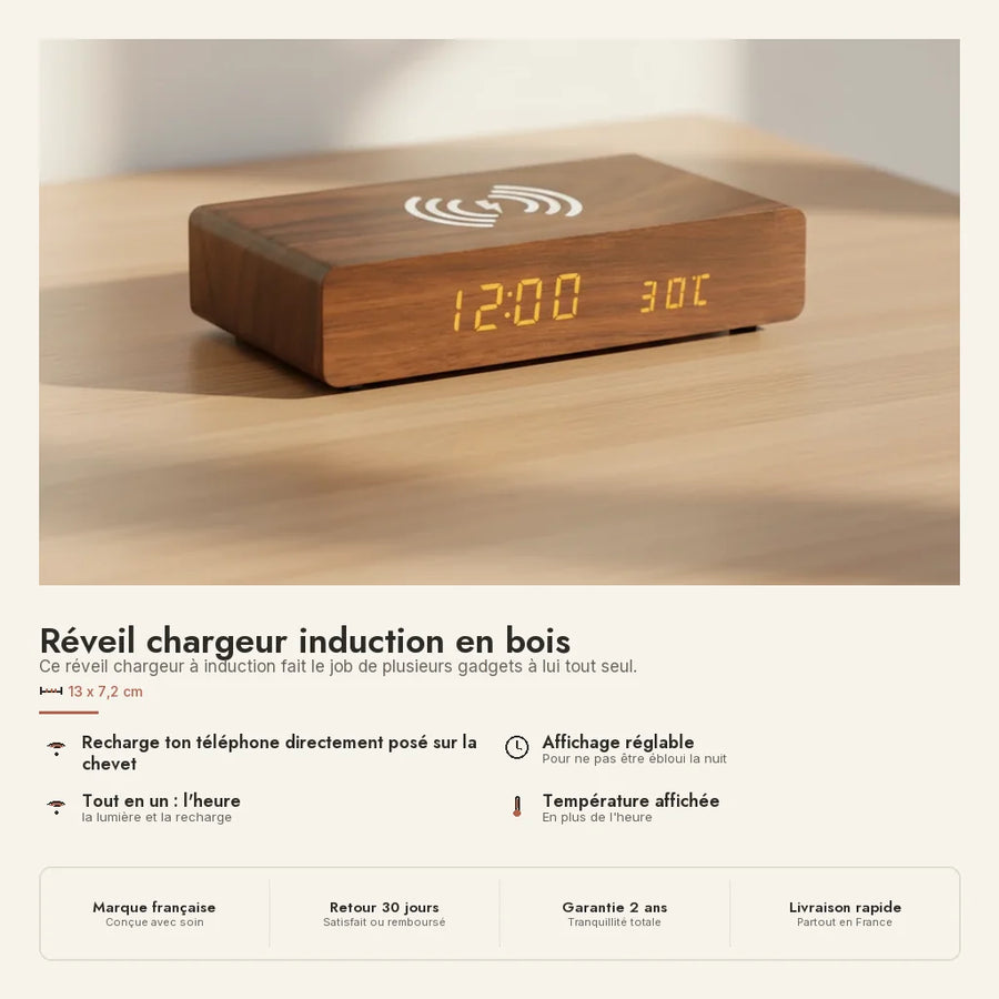 Réveil chargeur induction en bois