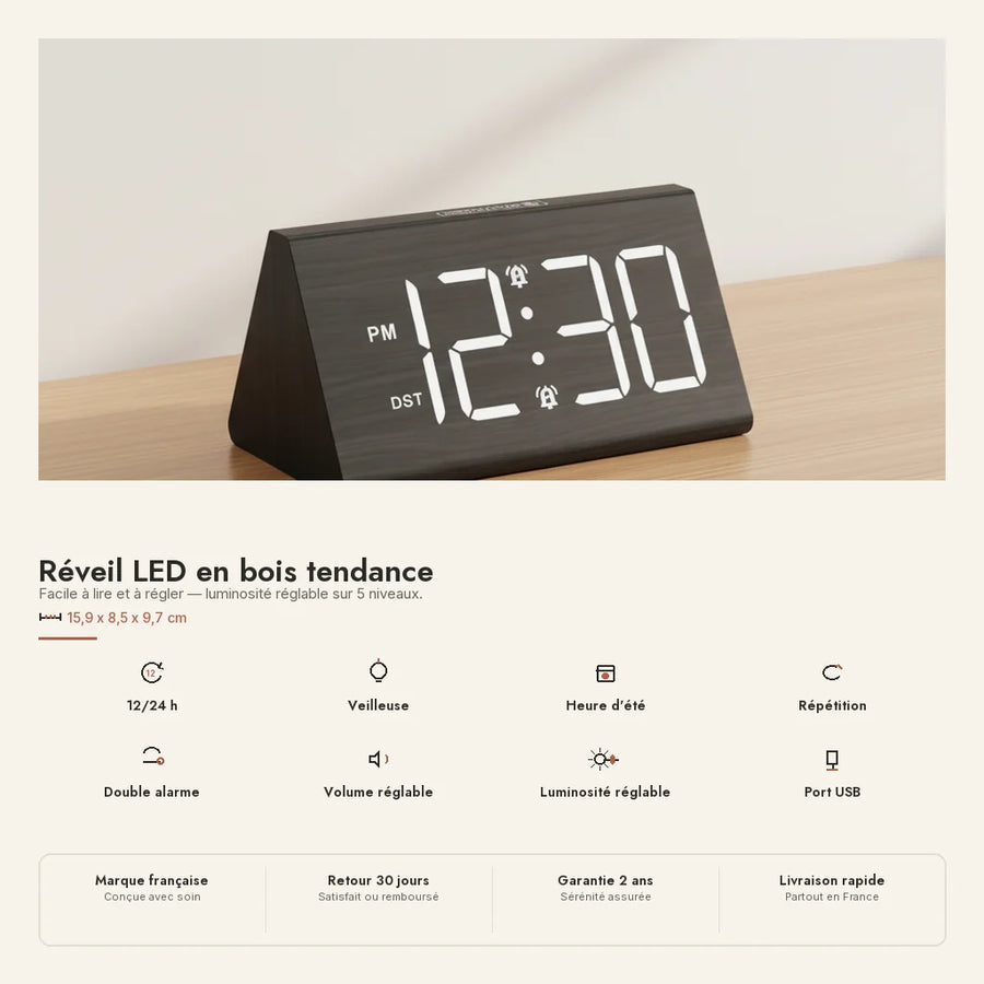 Réveil digital en bois à LED