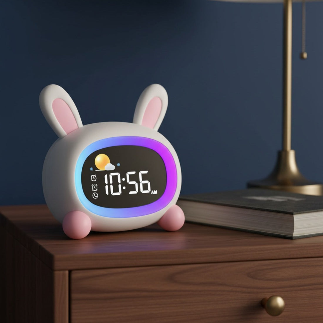 Réveil enfant jour et nuit lapin, posé sur une table de nuit
