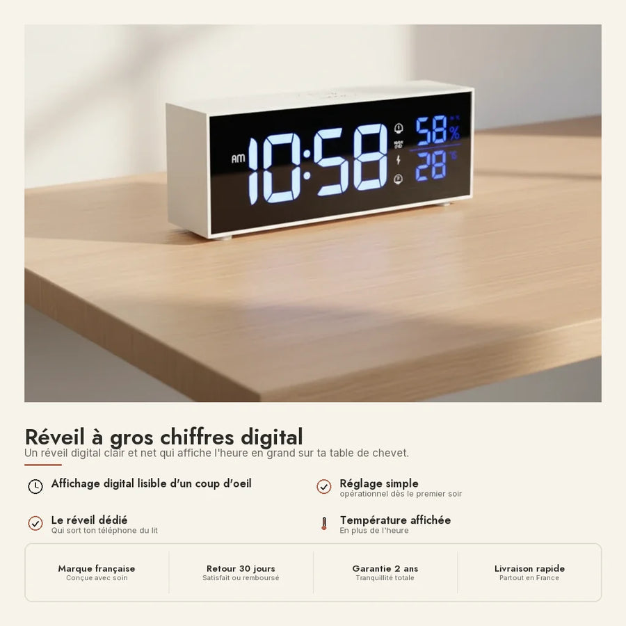 Réveil digital gros chiffres blanc, thermomètre