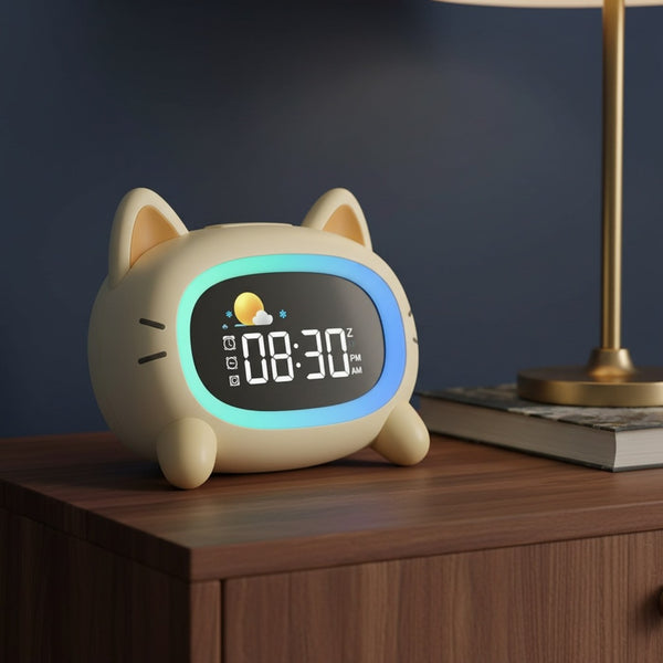 Réveil jour nuit enfant chat, posé sur une table de nuit