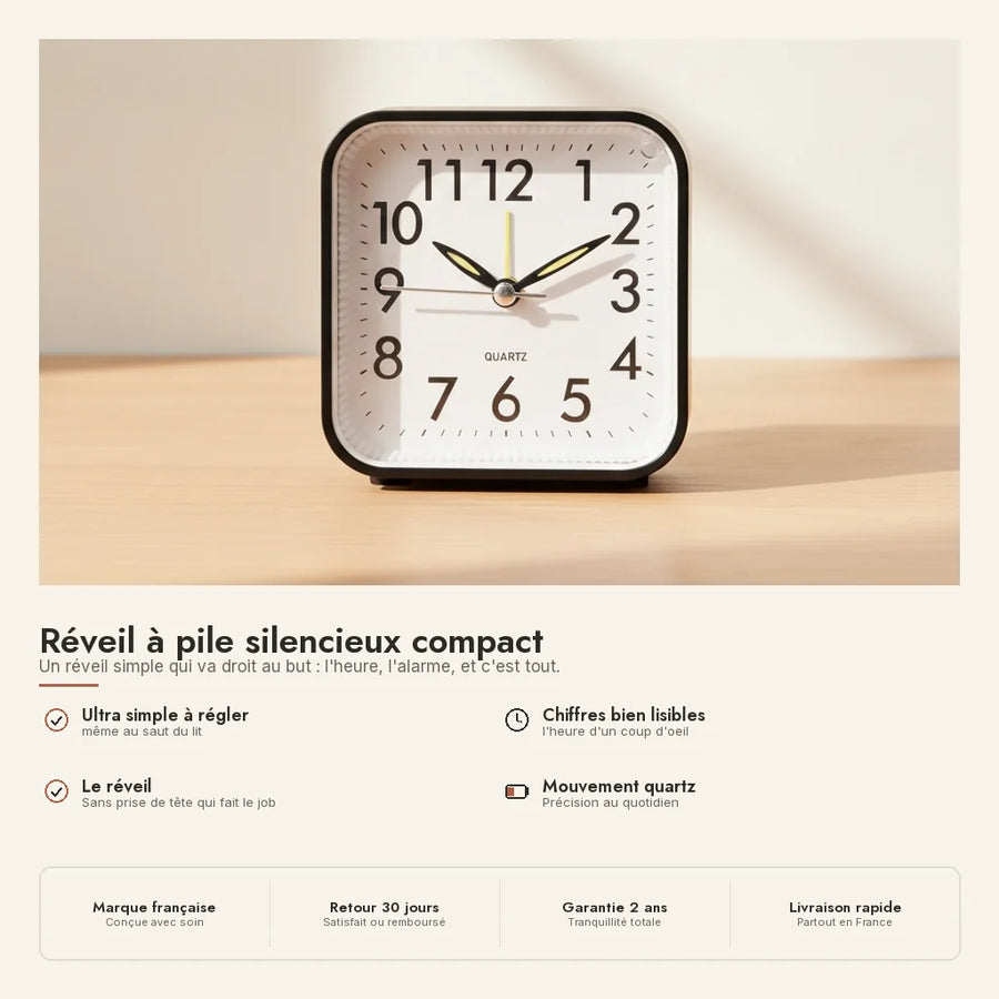 Réveil à pile silencieux compact
