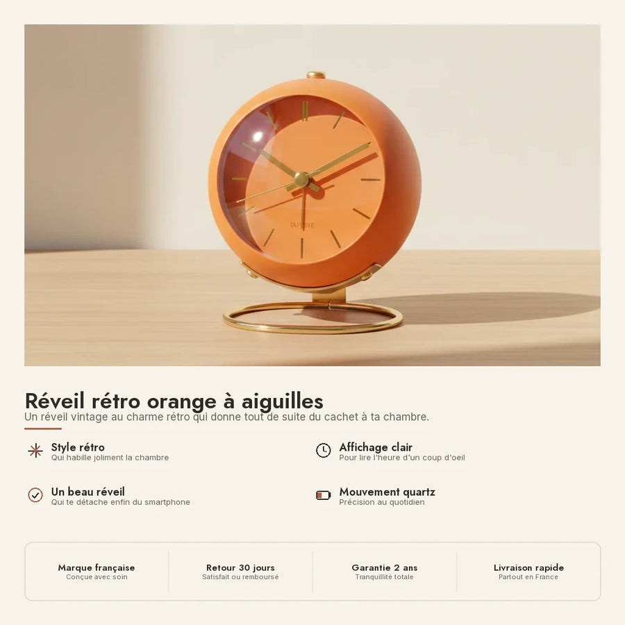 Réveil rétro orange à aiguilles