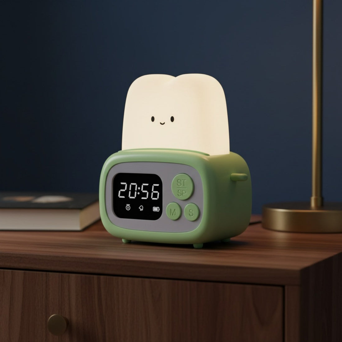 Réveil veilleuse enfant grille-pain, posé sur une table de nuit