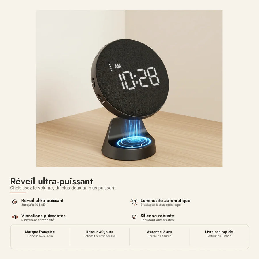 Réveil vibrant puissant à recharge sans fil