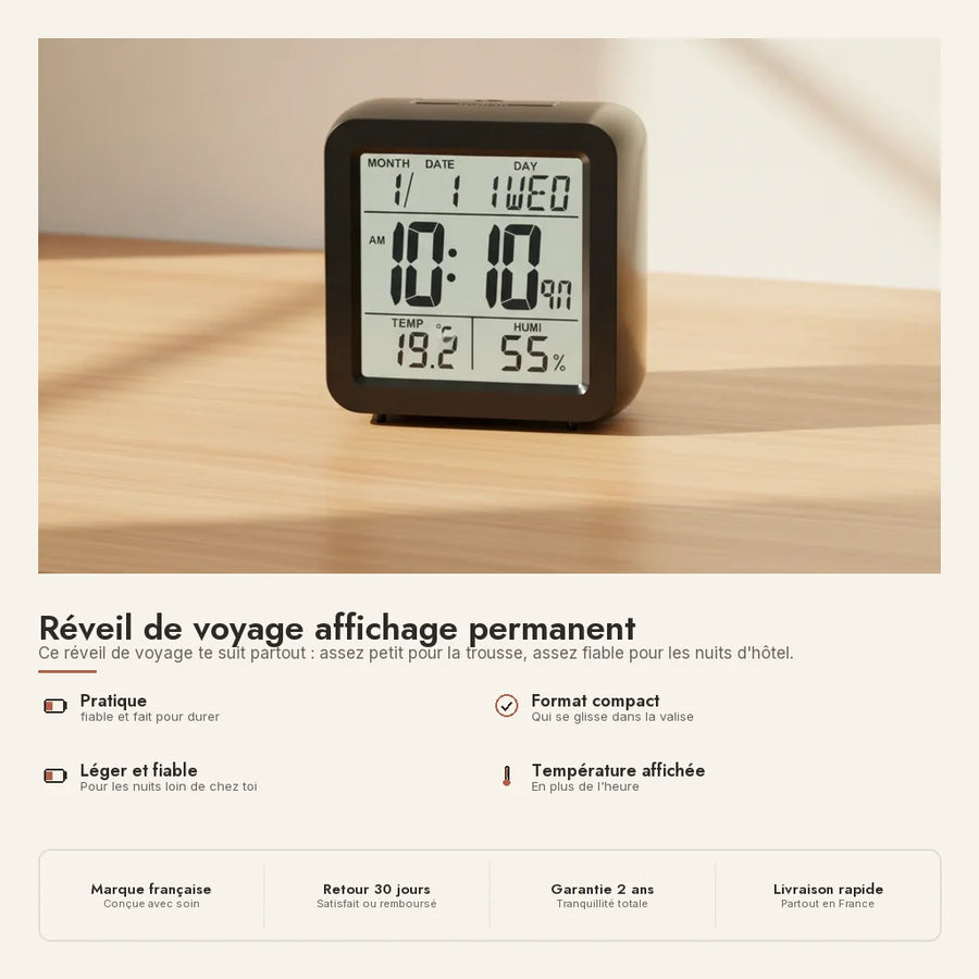 Réveil de voyage affichage permanent