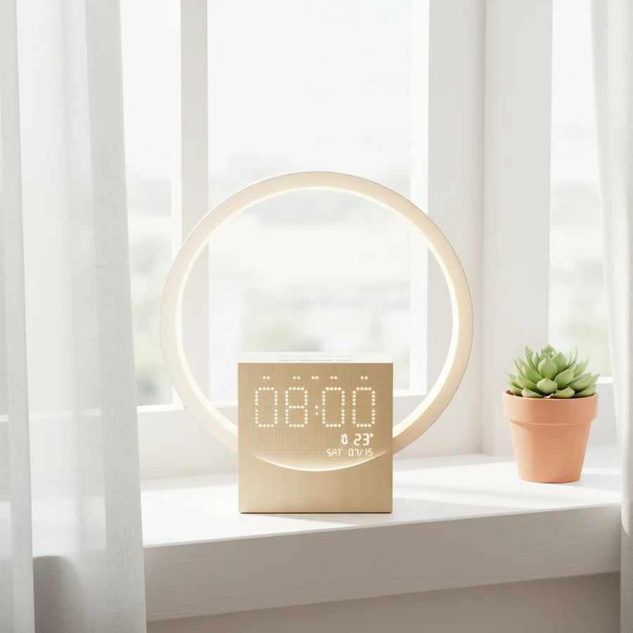 Simulateur d'aube Bluetooth bois, anneau lumineux