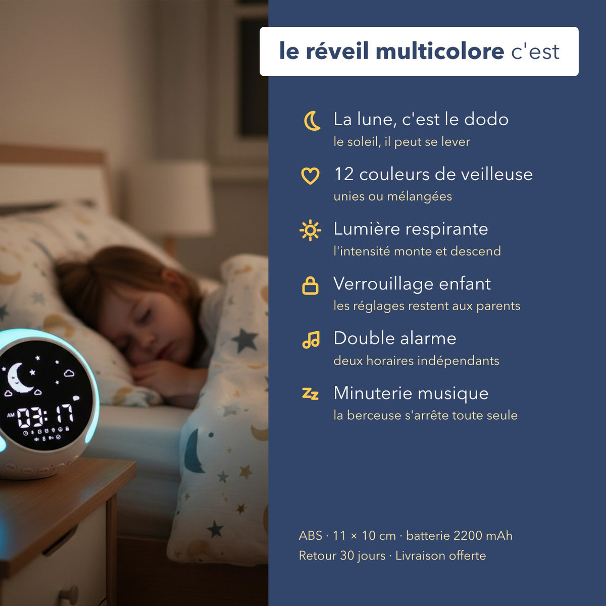 Les caractéristiques du réveil enfant jour et nuit multicolore