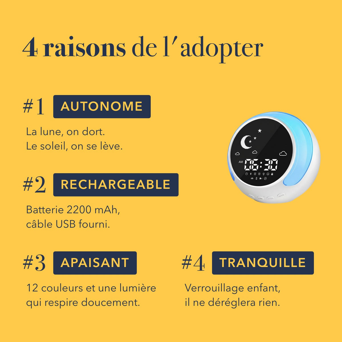 Quatre raisons d'adopter le réveil enfant jour et nuit multicolore