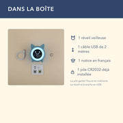 Contenu du colis : le réveil, son câble USB et la notice