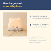 L'arrière du réveil, port USB de sortie et port USB-C d'entrée