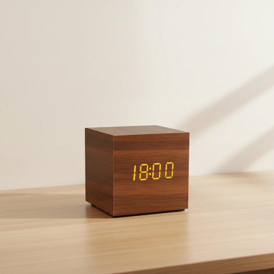 Réveil bois cube design