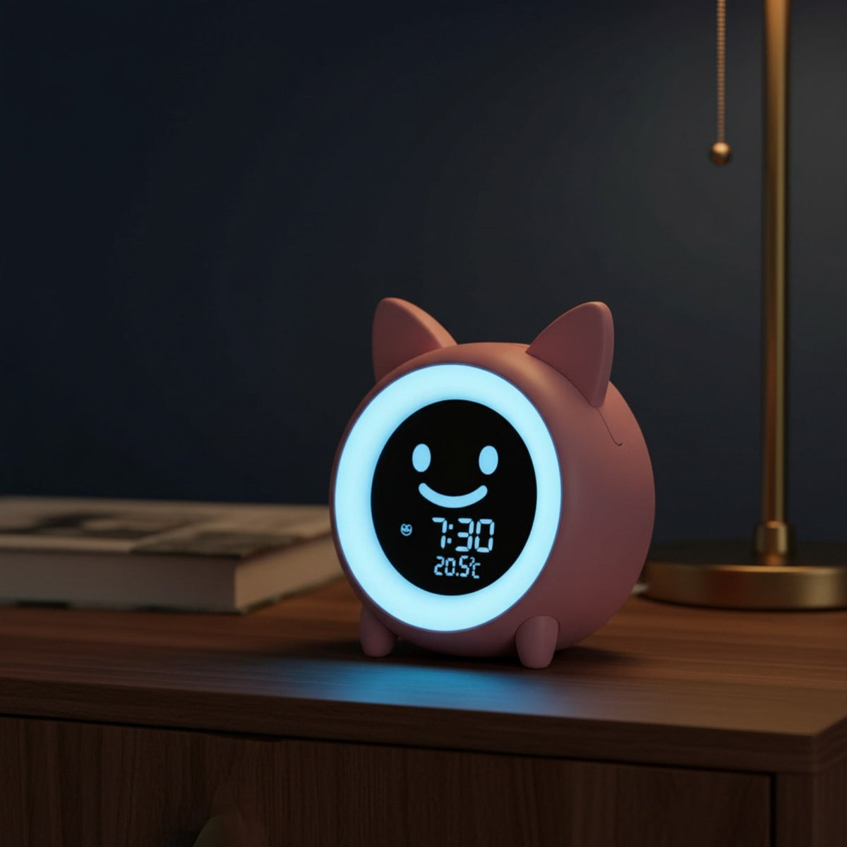 Réveil enfant jour et nuit rose posé sur une table de nuit