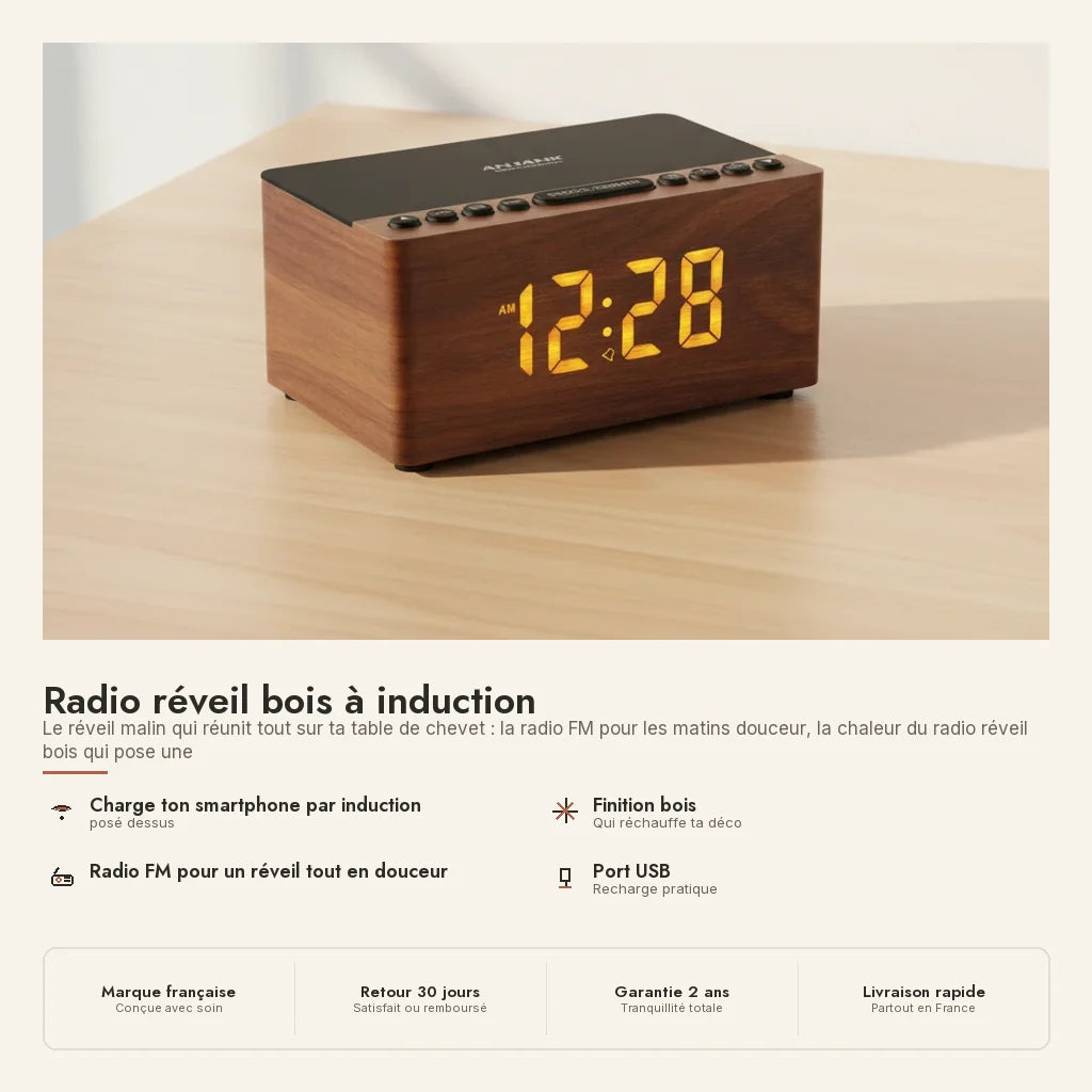 Radio réveil bois à induction — en situation