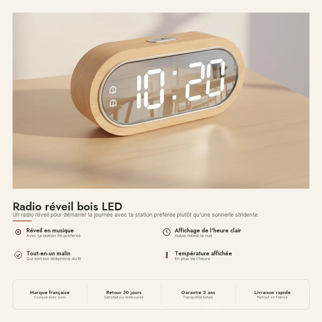 Radio réveil bois LED — en situation