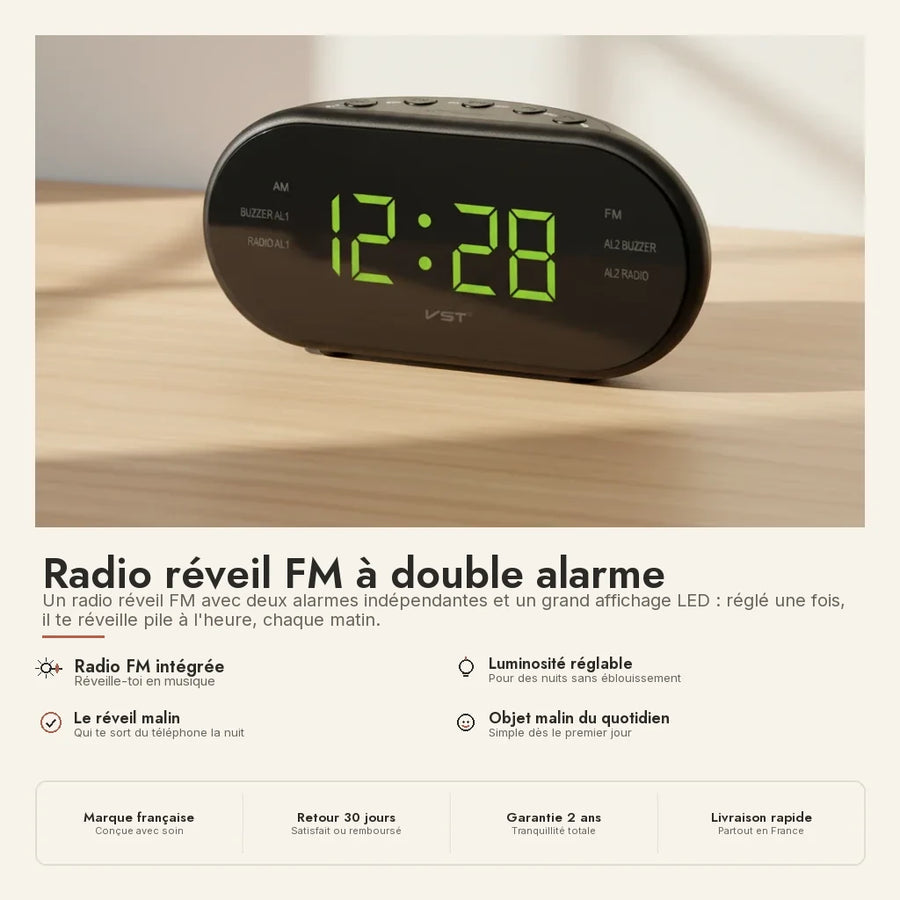 Radio réveil FM double alarme, affichage LED