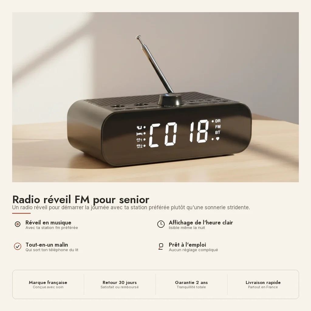 Radio réveil FM pour senior — en situation