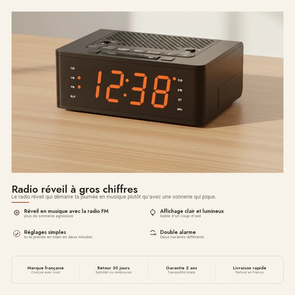 Radio réveil à gros chiffres — en situation