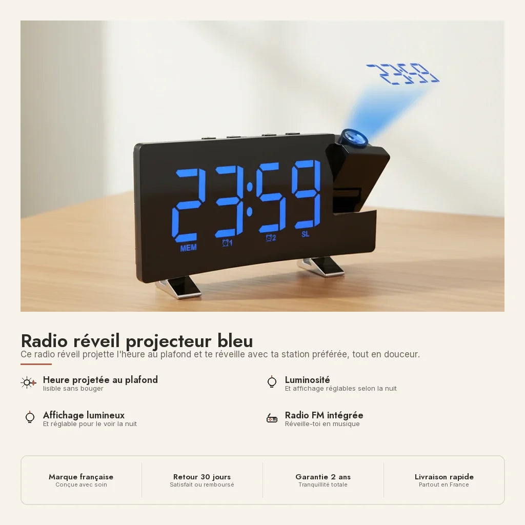 Radio réveil projecteur bleu — en situation