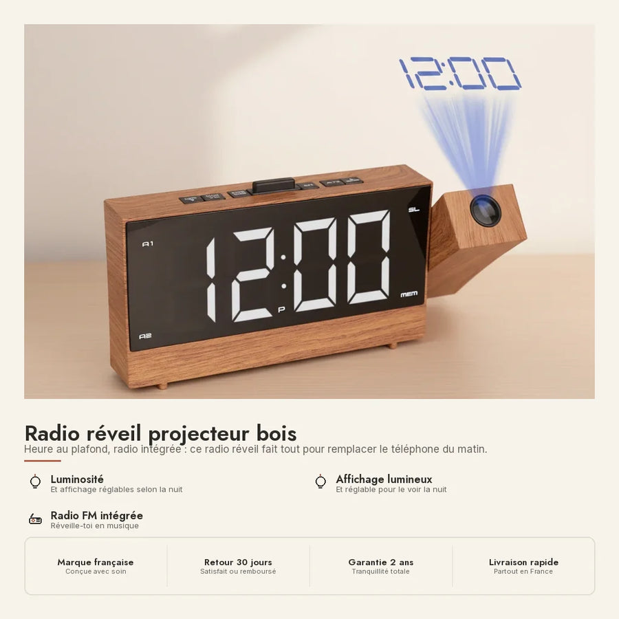 Radio réveil projecteur bois
