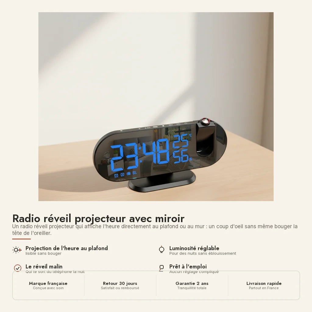 Radio réveil projecteur avec miroir — en situation