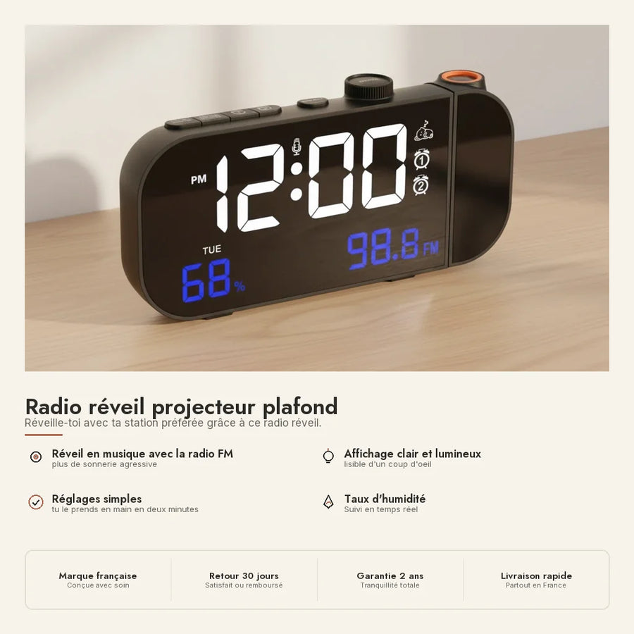 Radio réveil projecteur miroir noir & blanc