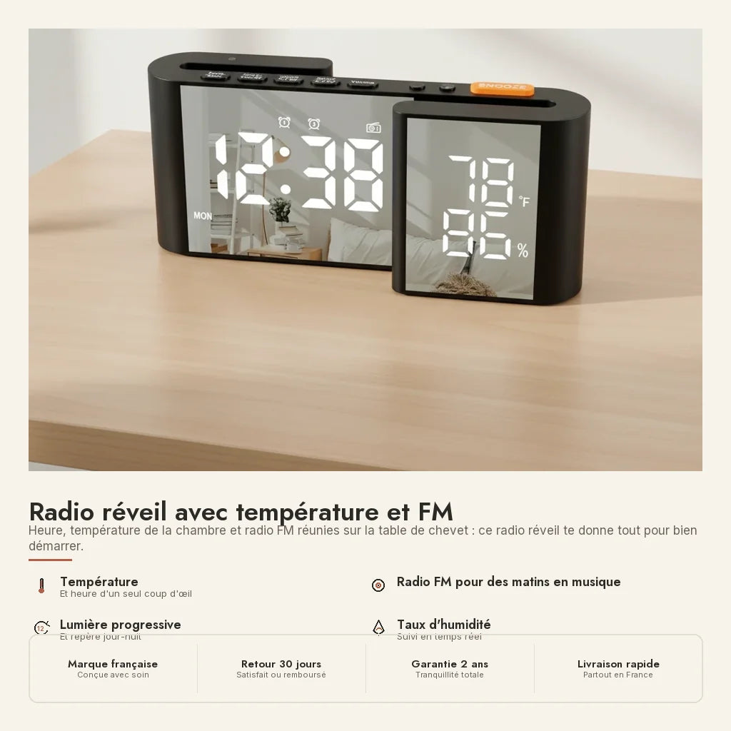 Radio réveil avec température et FM — en situation