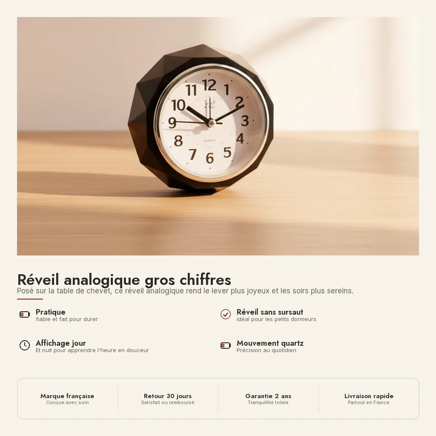 Réveil analogique gros chiffres multicolore