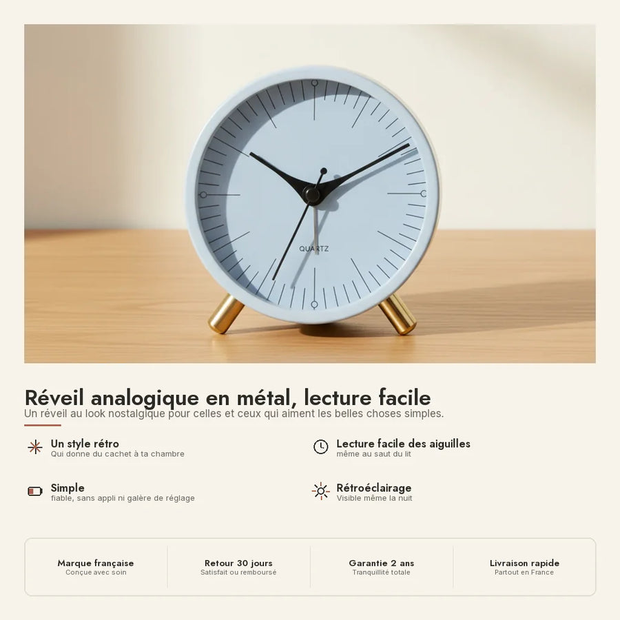 Réveil analogique en métal, lecture facile