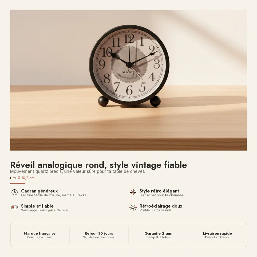 Réveil analogique rond, style vintage fiable