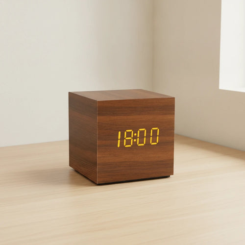 Réveil bois cube design — vue détaillée
