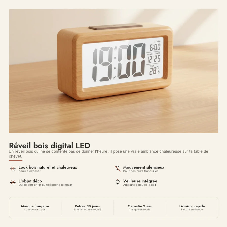 Réveil bois digital LED avec température