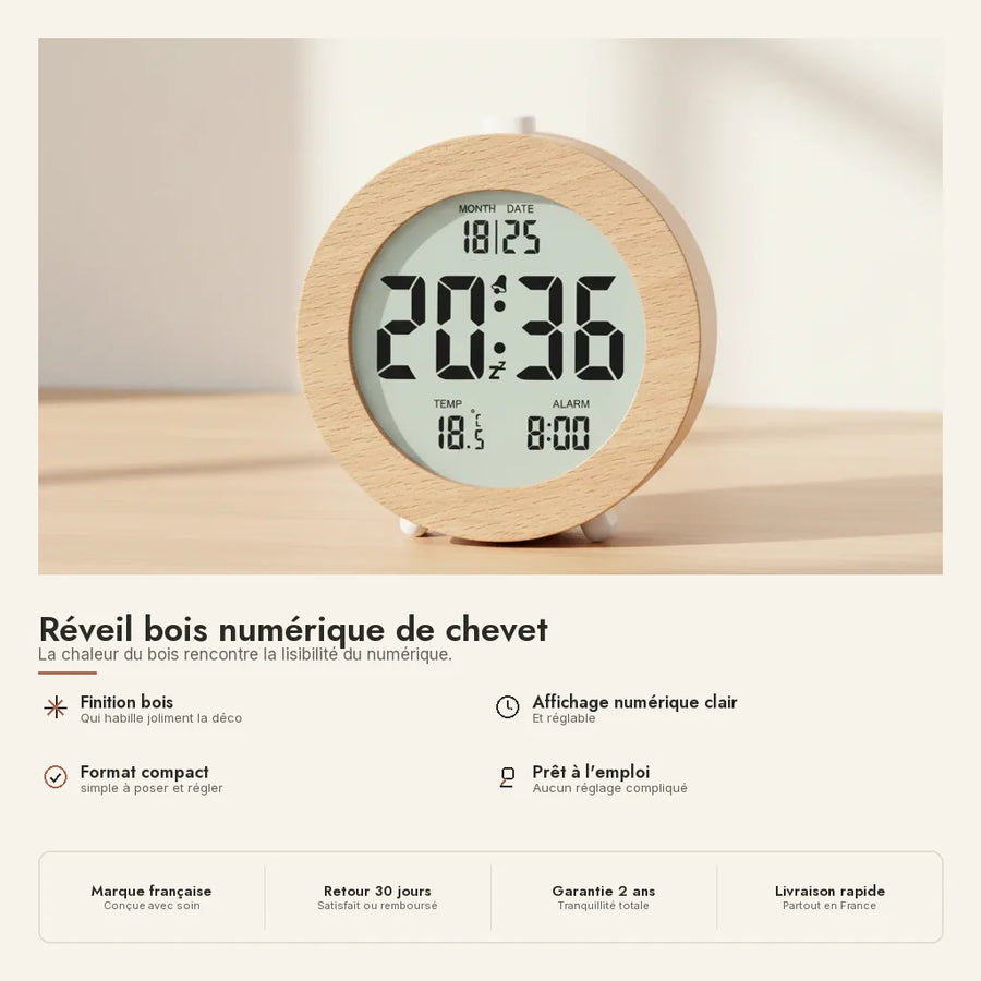 Réveil bois rond numérique, hêtre clair