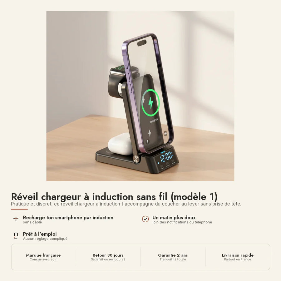 Réveil chargeur induction avec affichage 12/24h