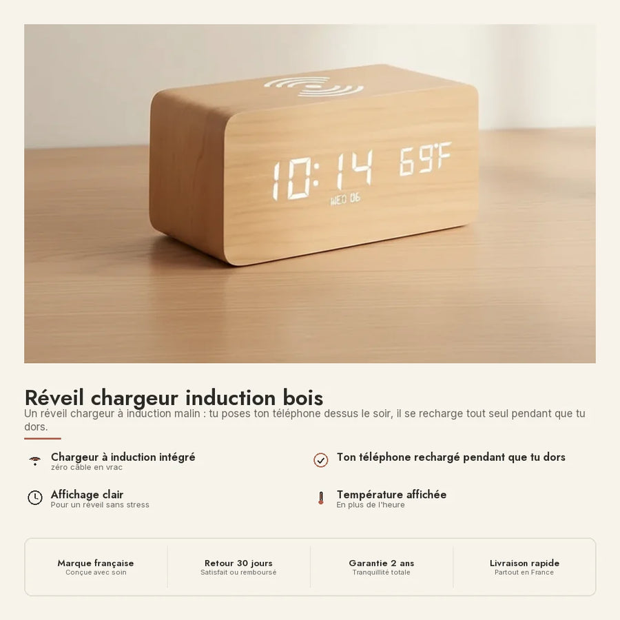 Réveil chargeur induction bois