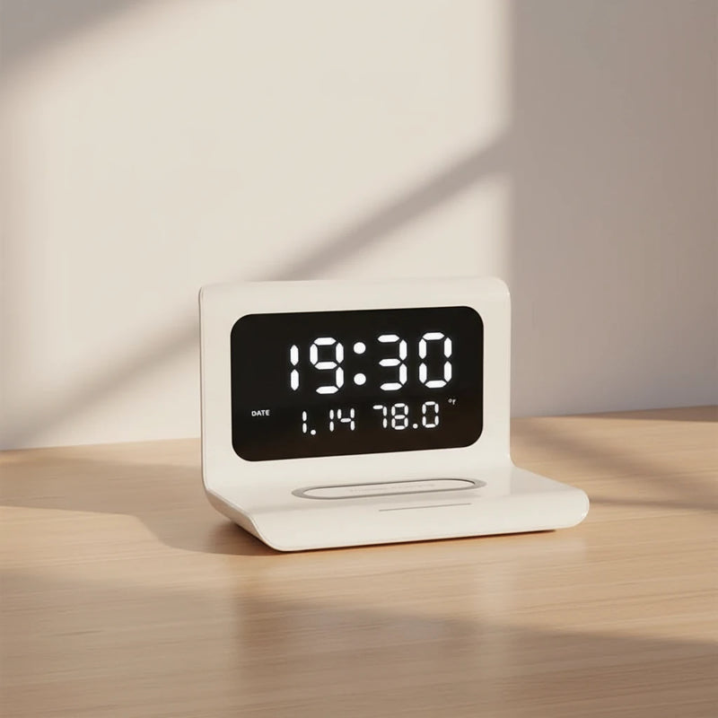 Réveil chargeur induction avec radio, date et température