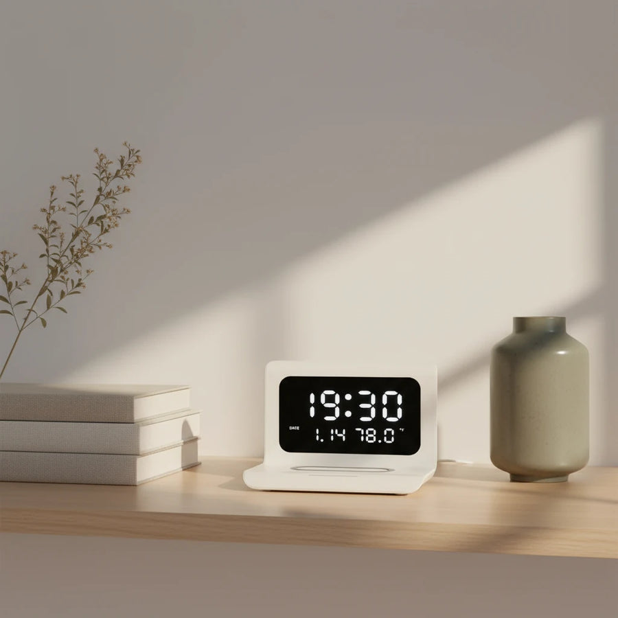 Réveil chargeur induction avec radio, date et température