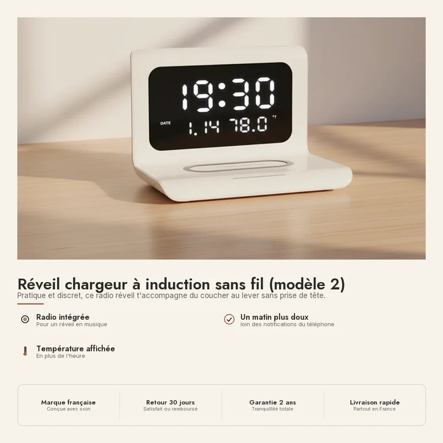 Réveil chargeur induction avec radio, date et température