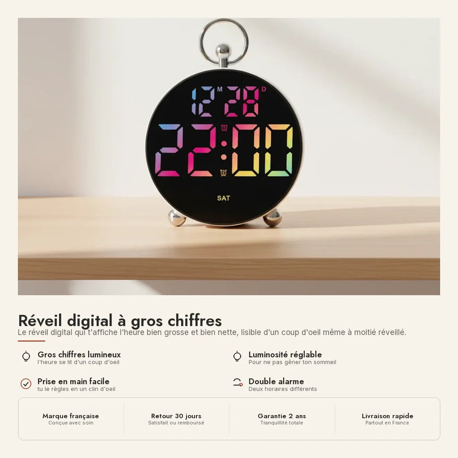 Réveil digital à gros chiffres multicolore