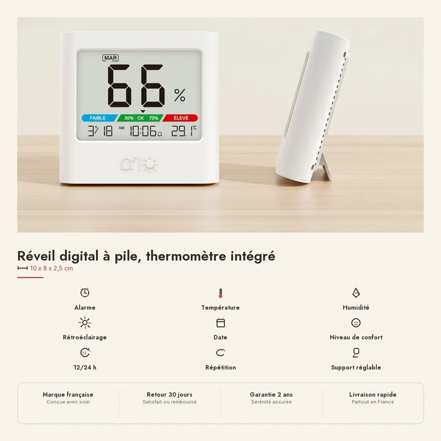 Réveil digital à pile, thermomètre intégré